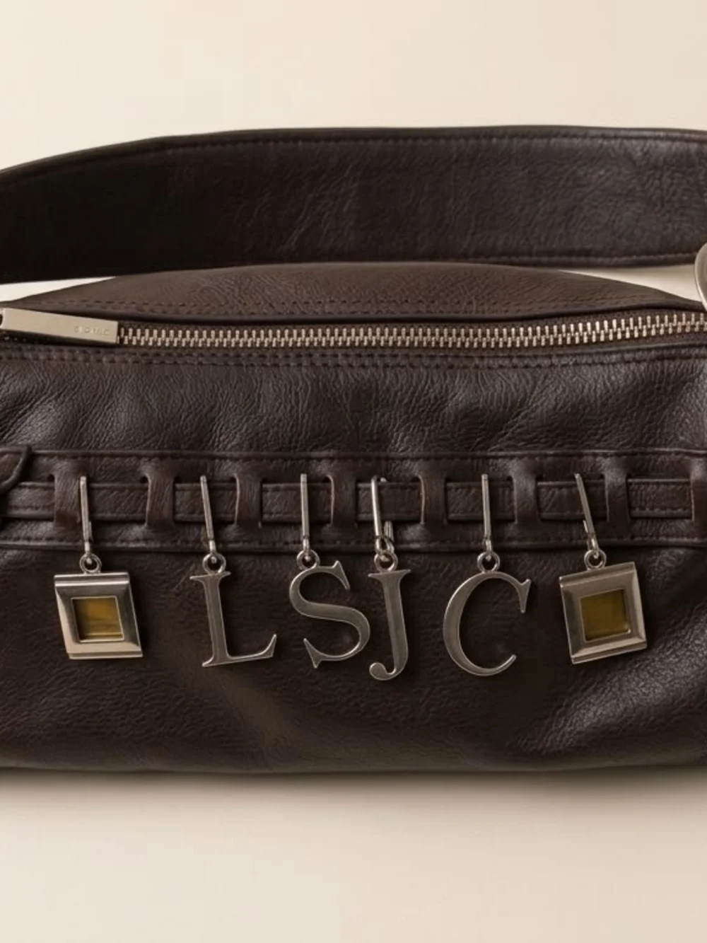 Vintage Brown Leather Shoulder Bag with Letter Charms